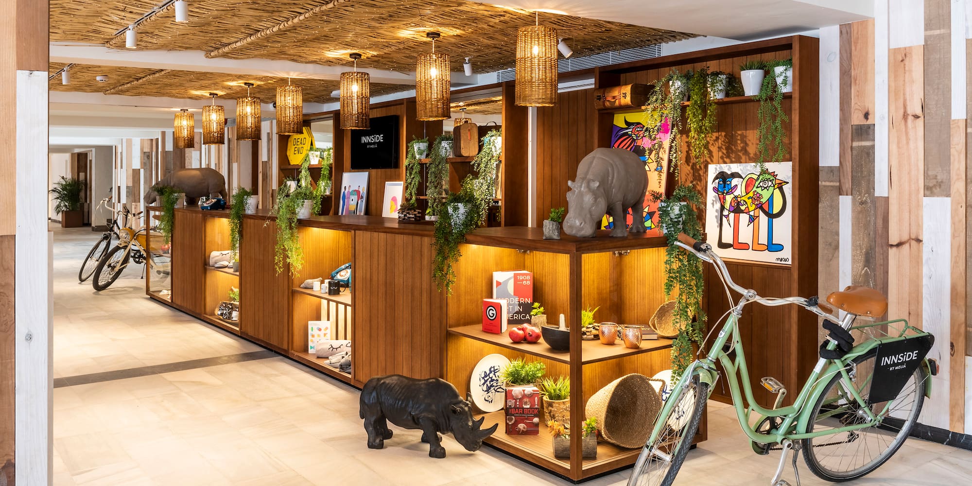 a room with shelves and objects