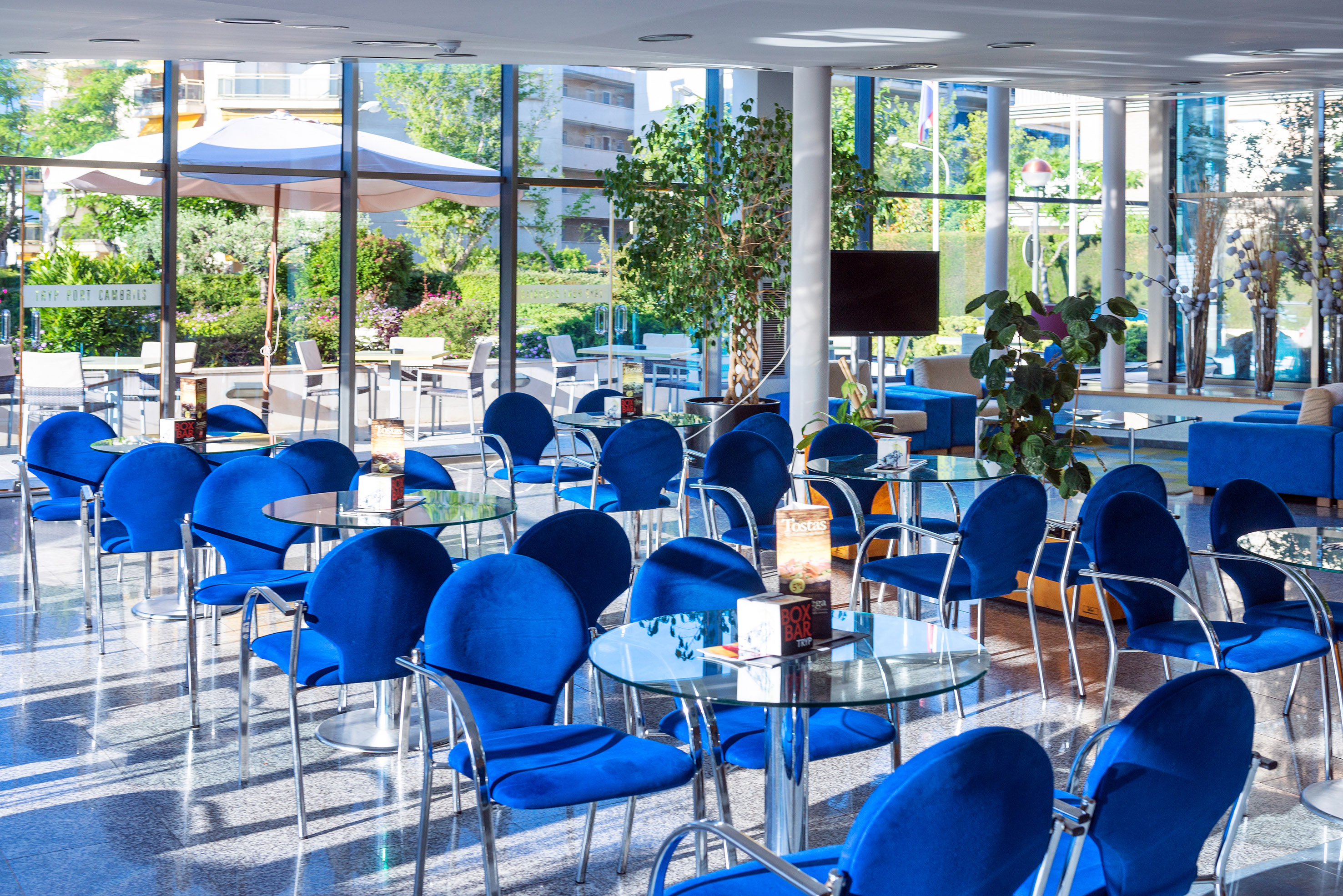 Blue chairs and glass tables fill a bright hotel lounge with large windows and garden views.