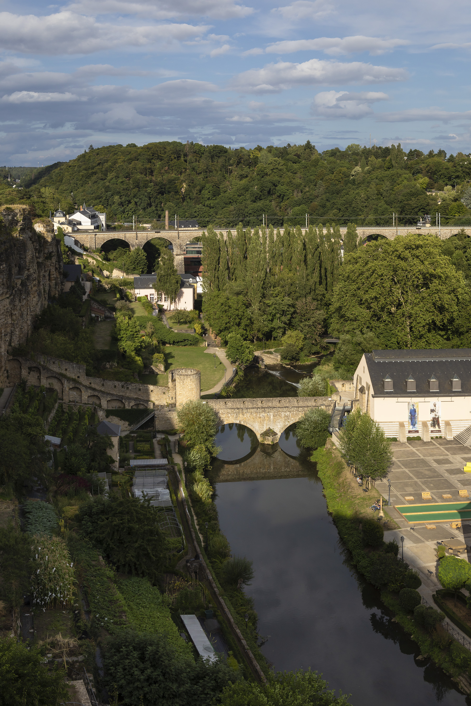 Luxembourg City: Alzette Valley, river, historic bridges, and large viaduct.