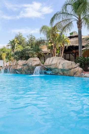 a pool with a waterfall and palm trees