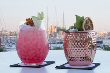 two glasses with ice and fruit on them