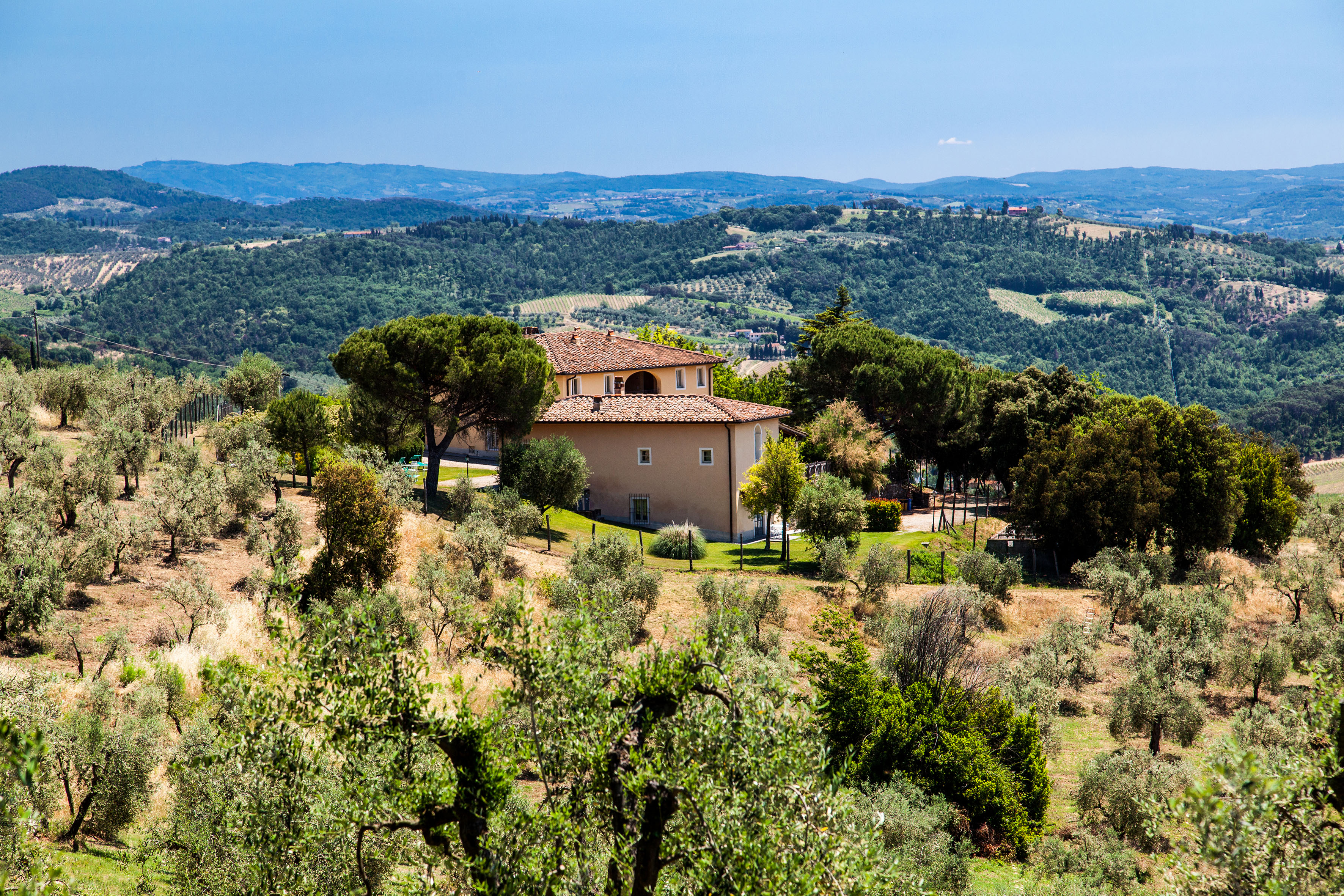 Sunny Tuscan villa surrounded by olive groves and rolling hills.