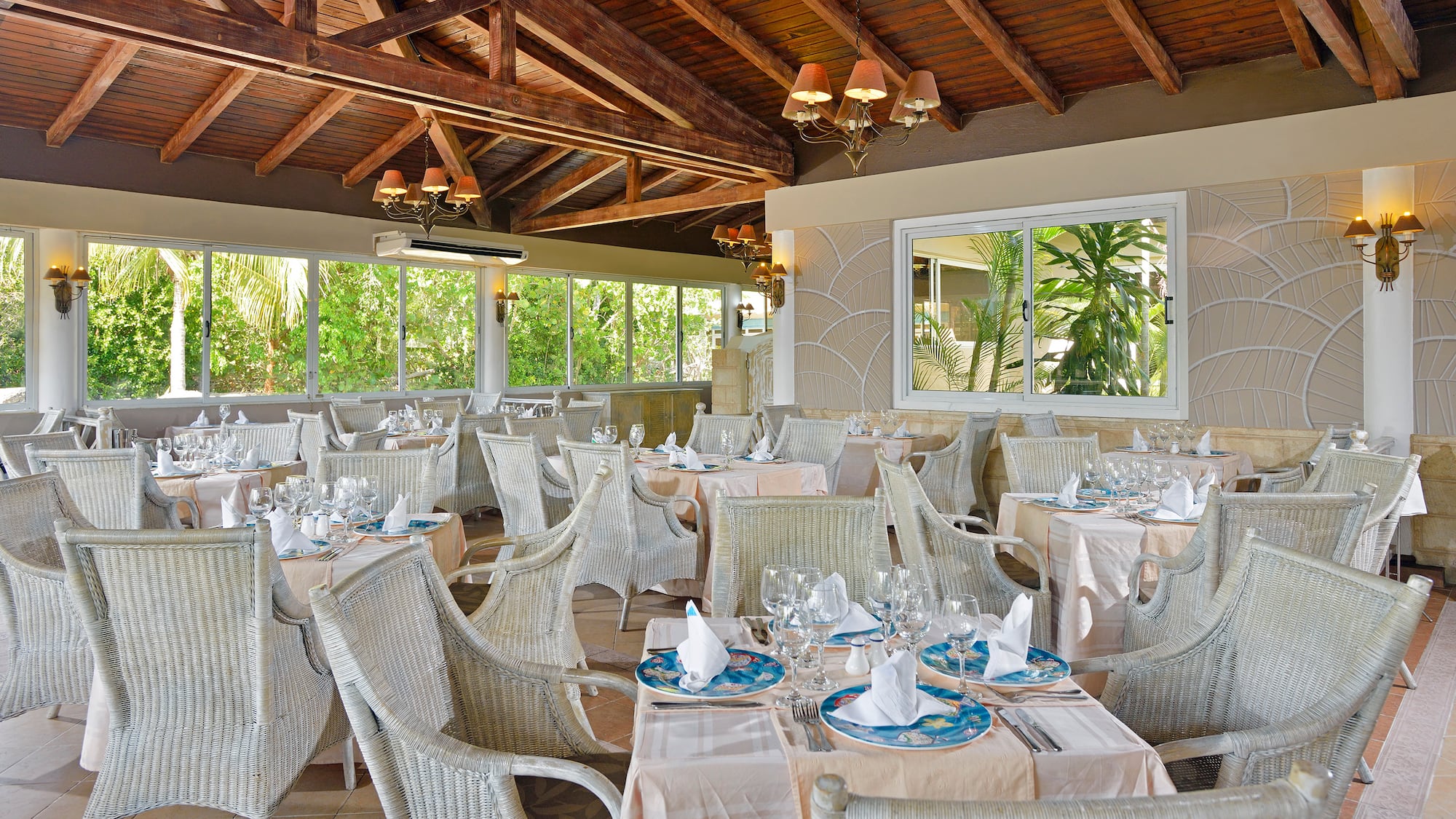 a room with tables and chairs