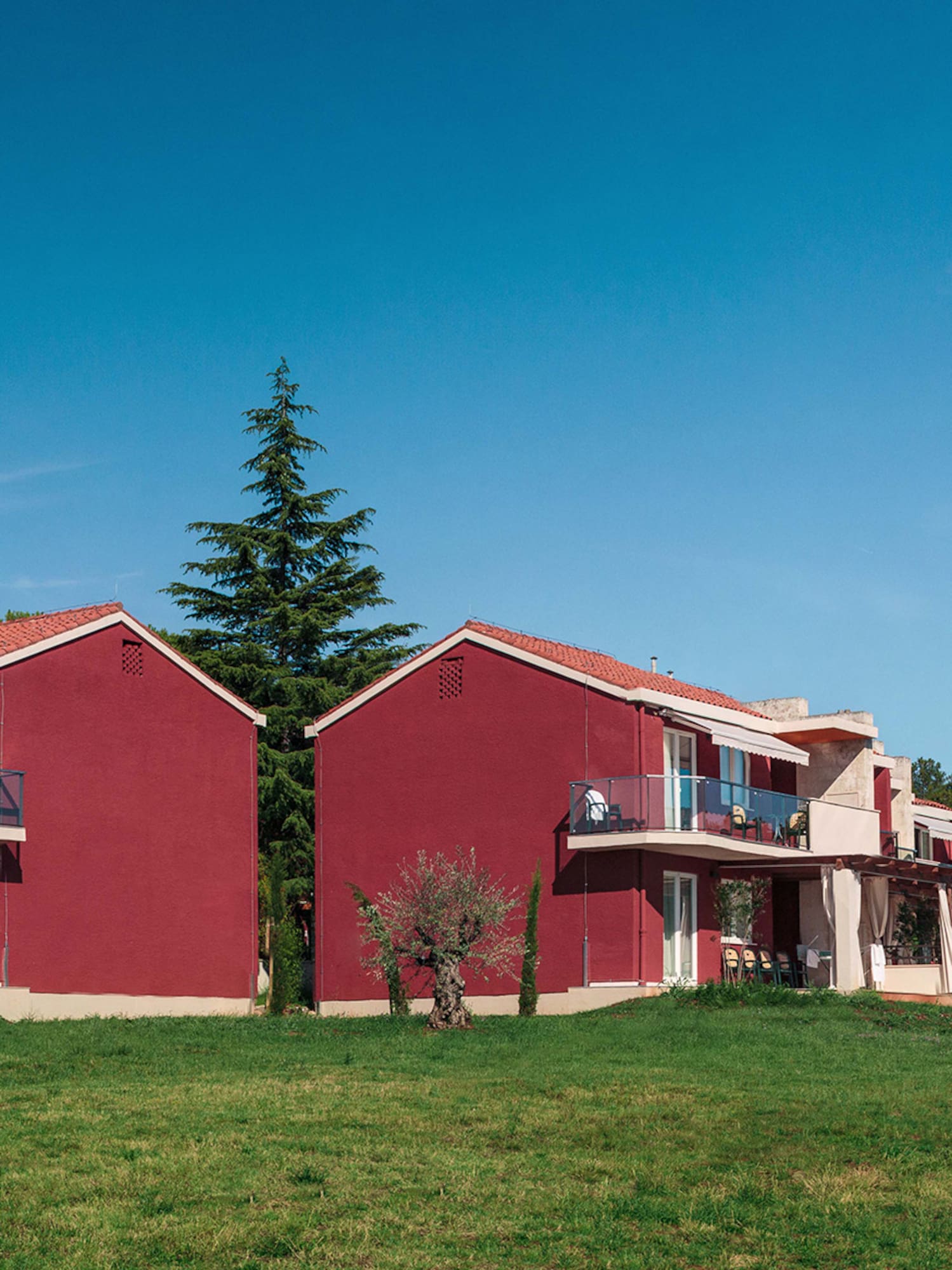 a group of red houses with trees in the background