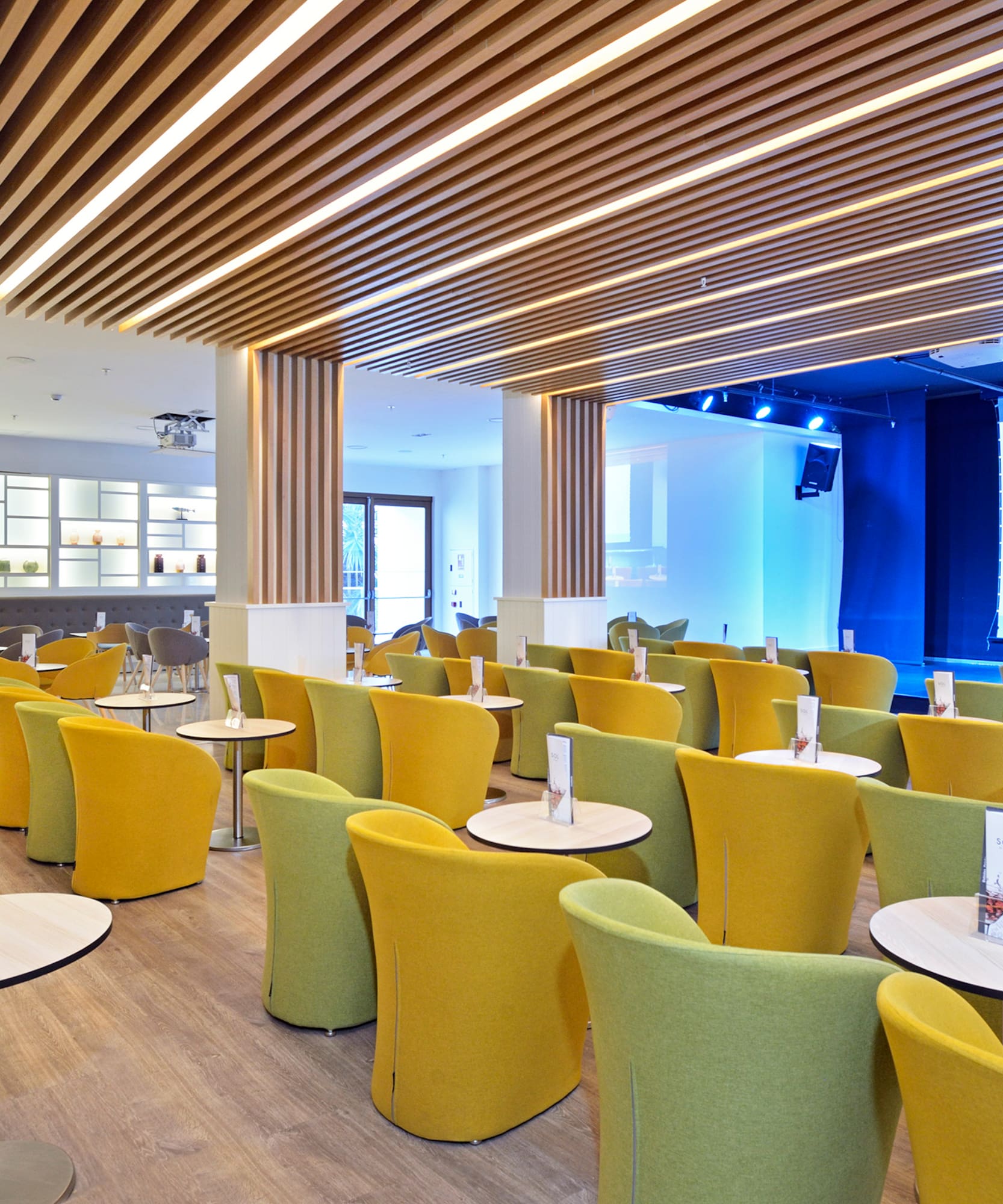 a room with tables and chairs