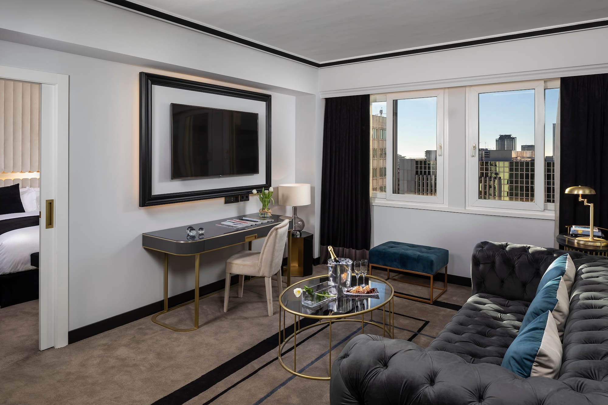 a room with a tv and a couch