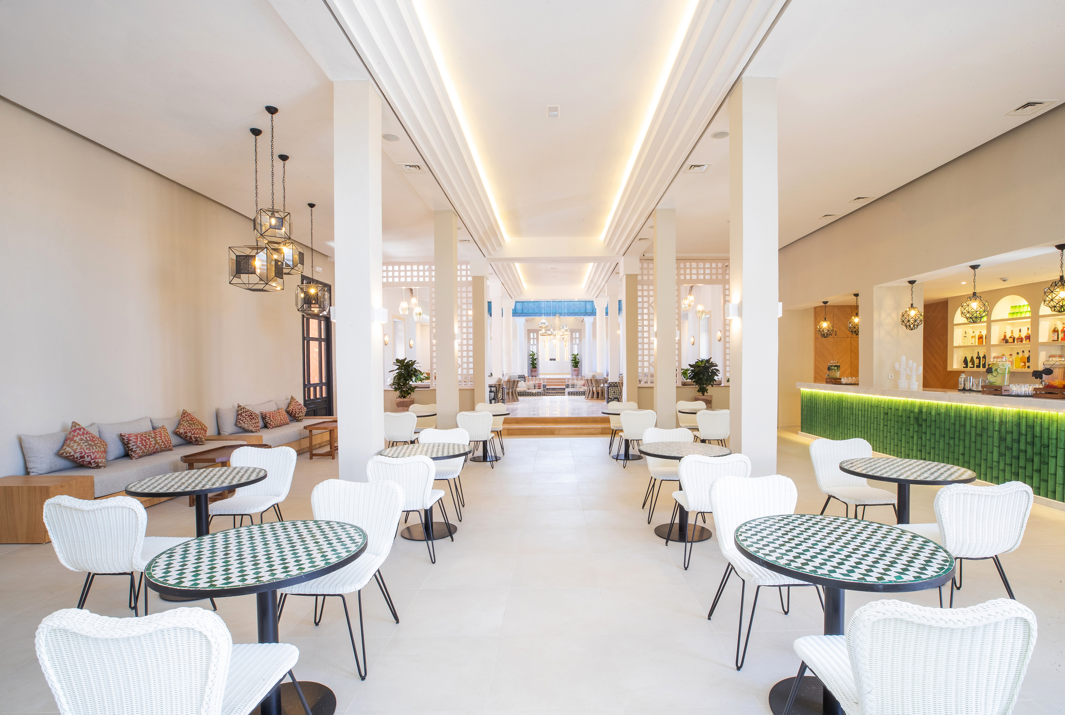 a room with tables and chairs