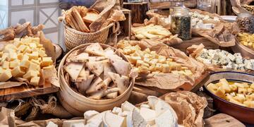 a table full of different types of cheese