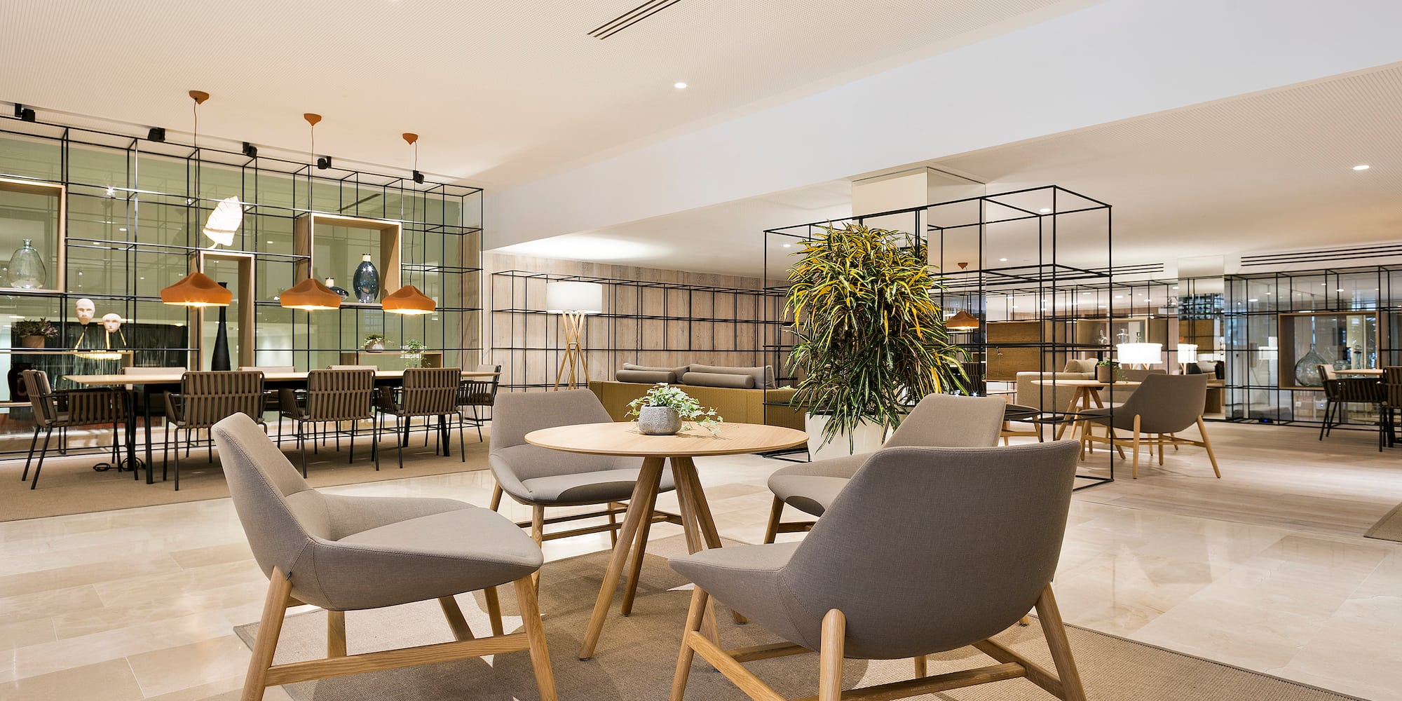 a room with chairs and tables