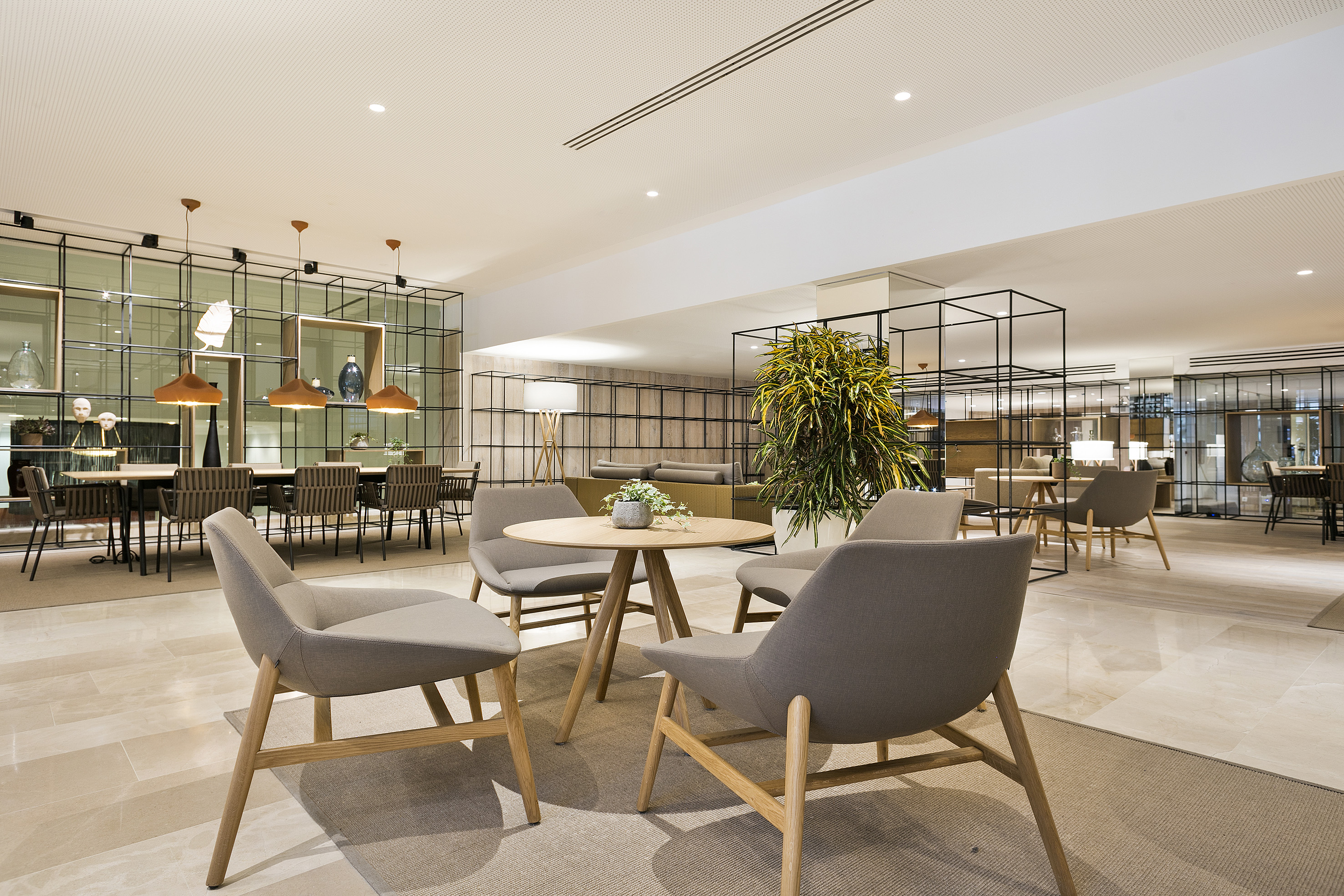a room with chairs and tables
