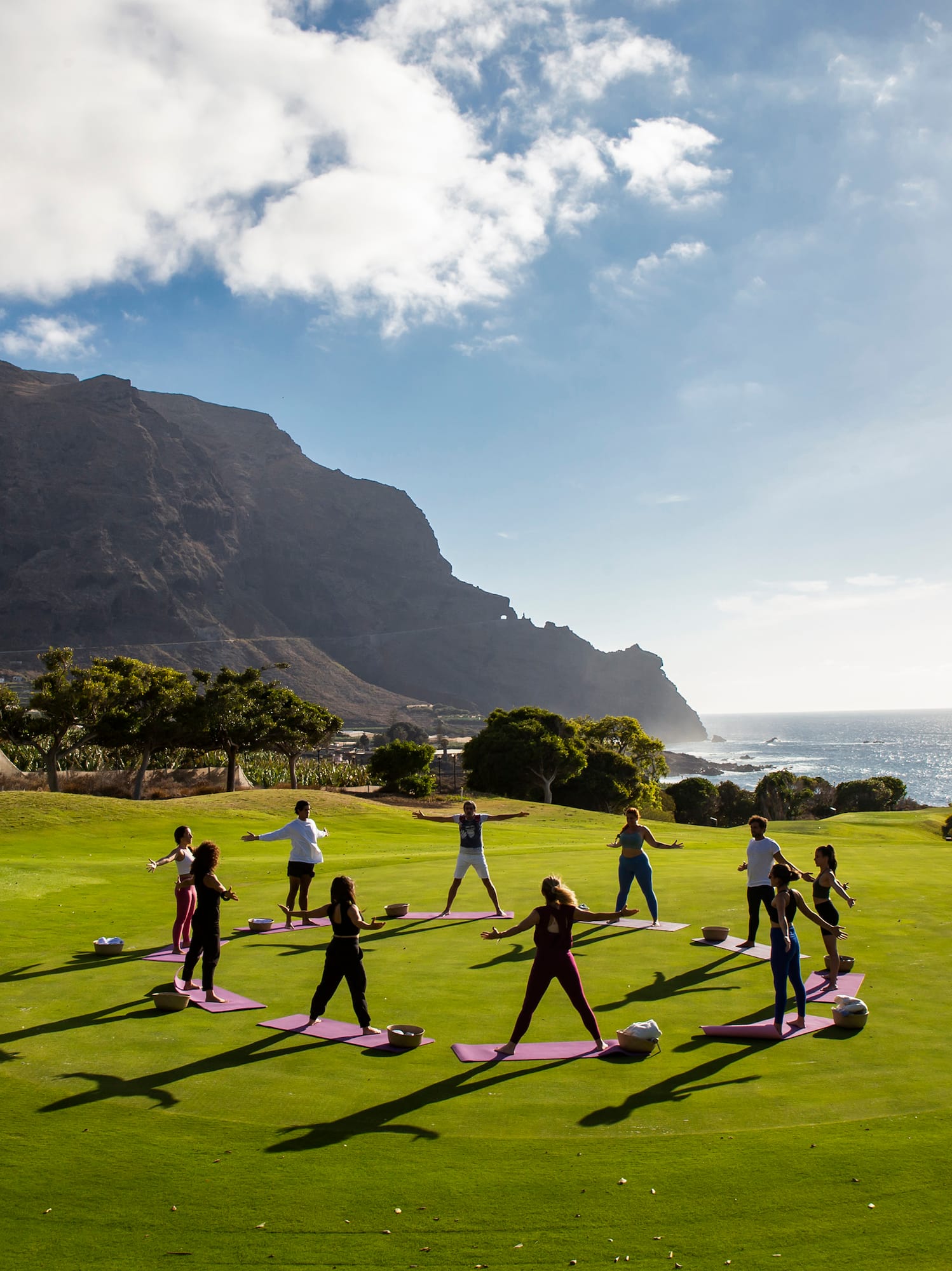 a group of people doing yoga on a grassy field