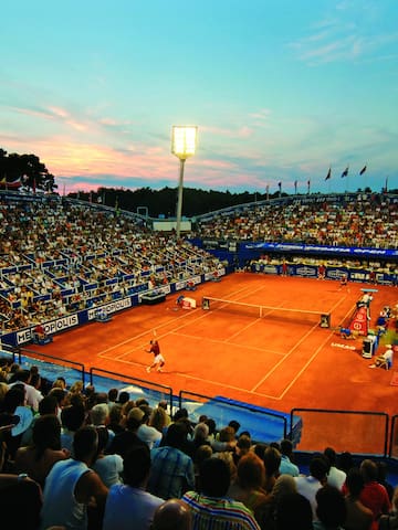 a tennis court with people watching