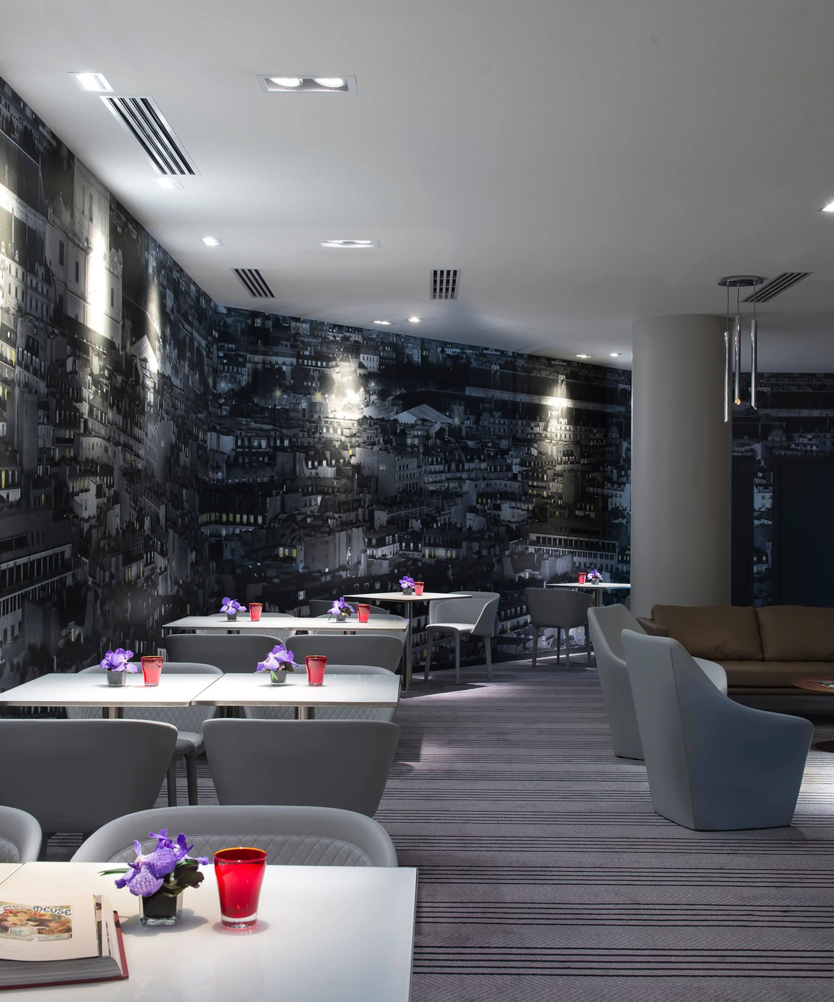 a room with tables and chairs