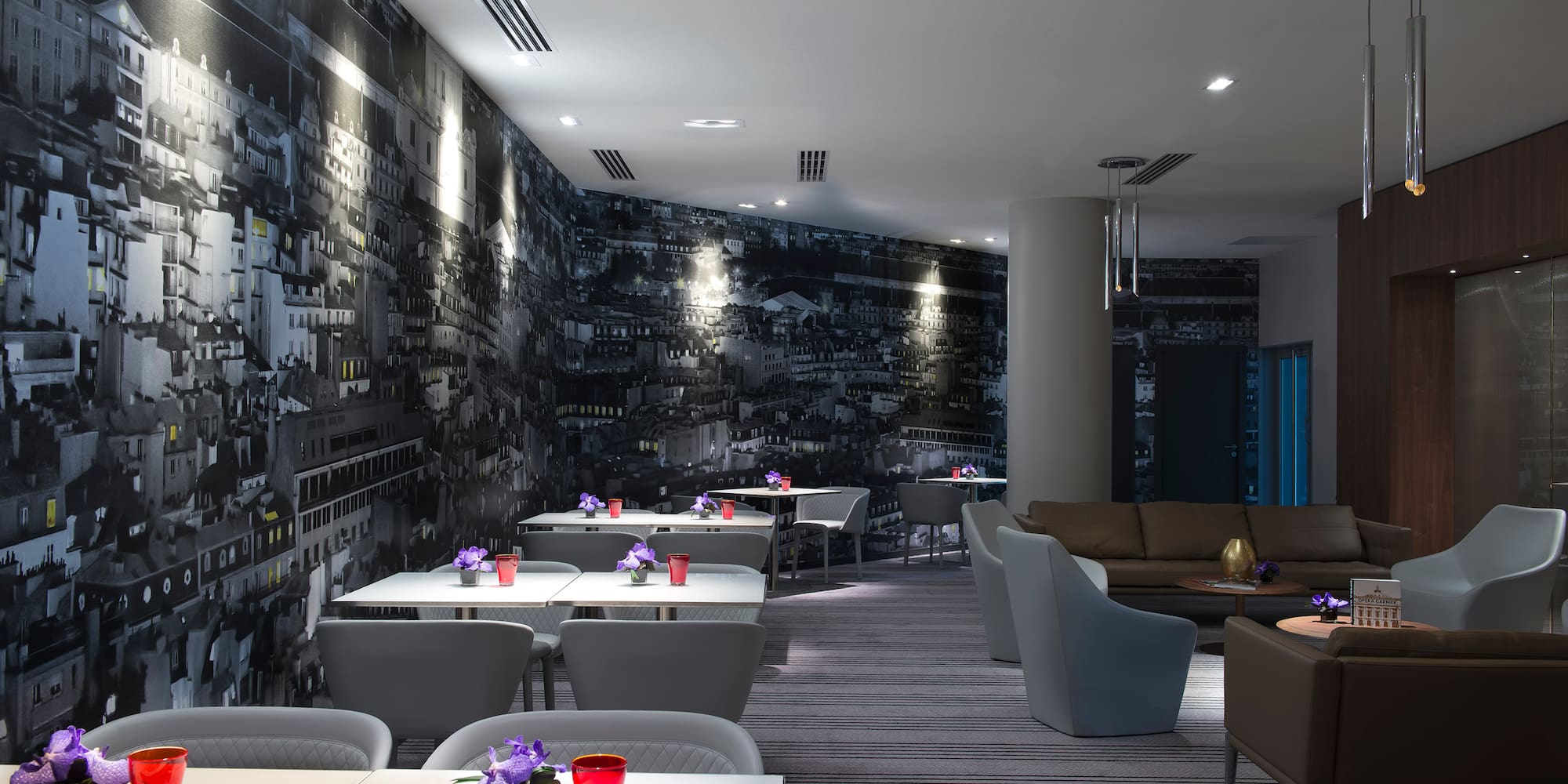 a room with tables and chairs