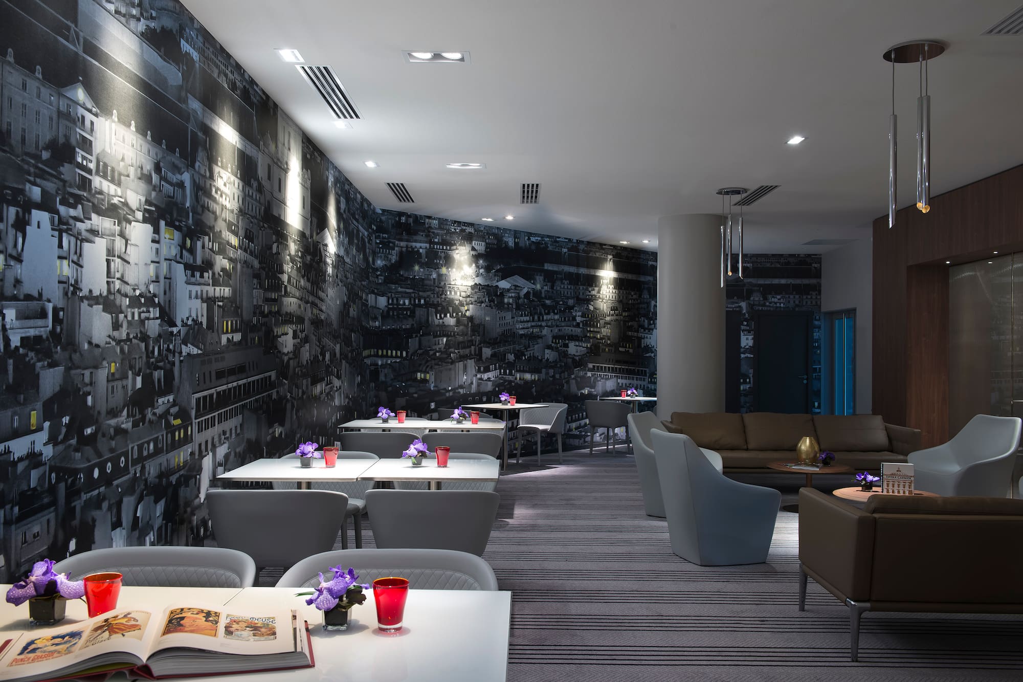 a room with tables and chairs