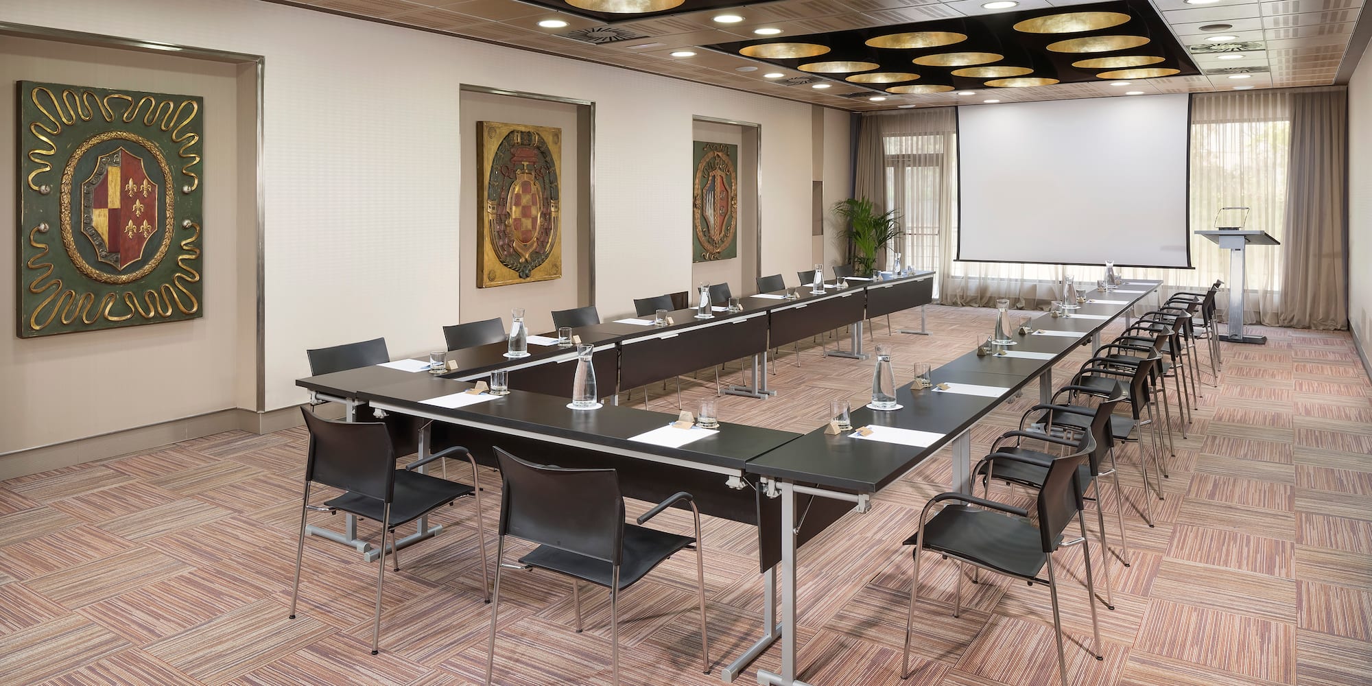 a room with tables and chairs