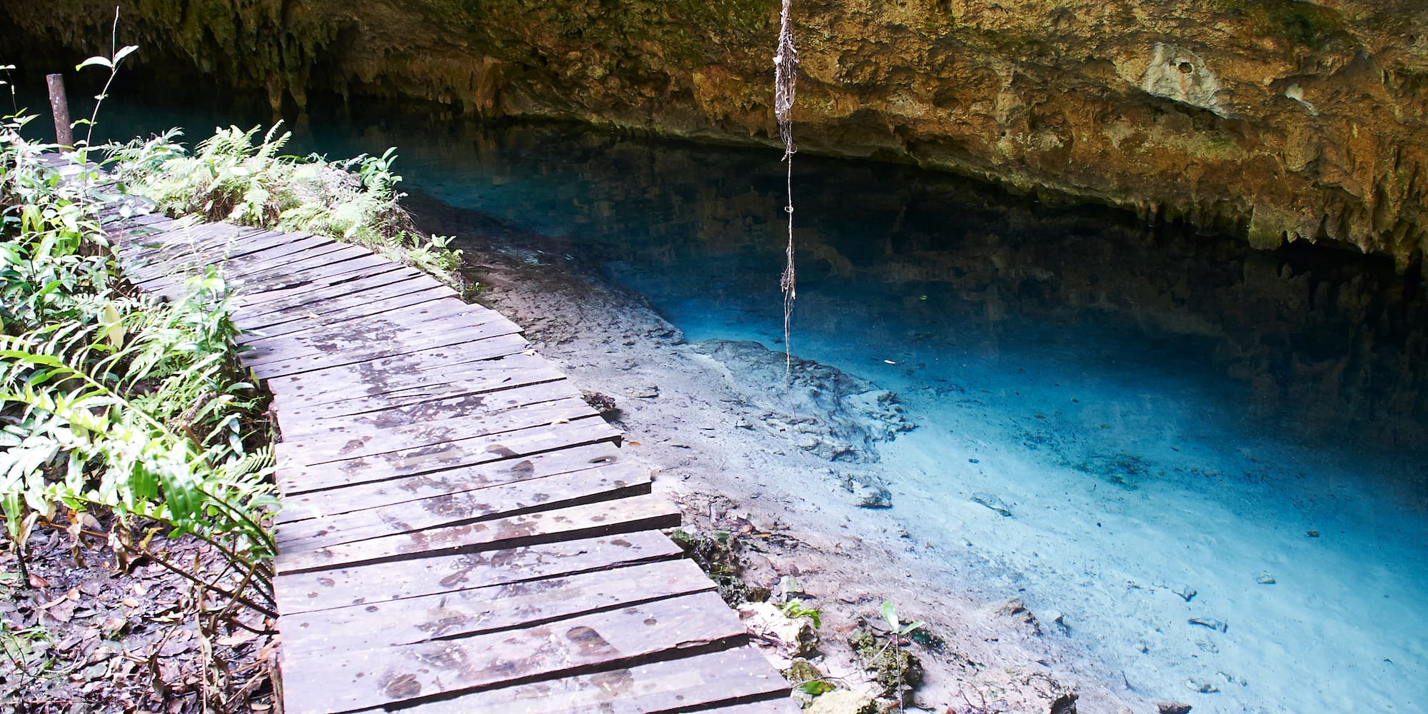 Sendero de madera en cueva con cenote de agua azul y rocas musgosas.