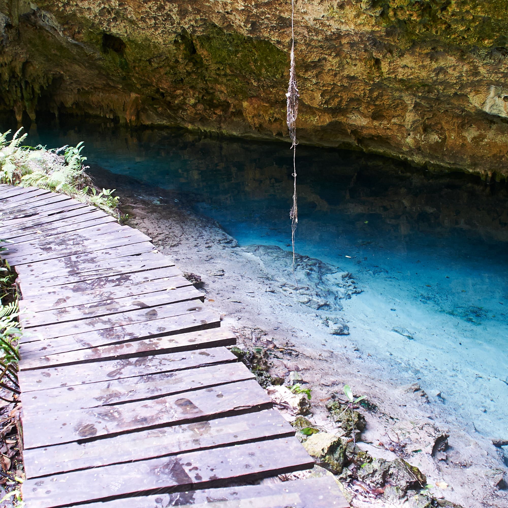 Wooden boardwalk along a bright blue cenote cave pool.