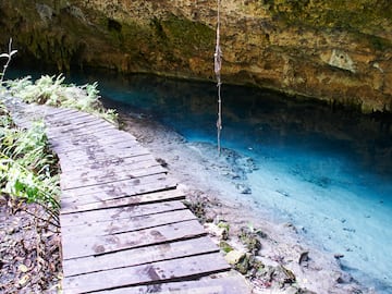 a wooden walkway over a river