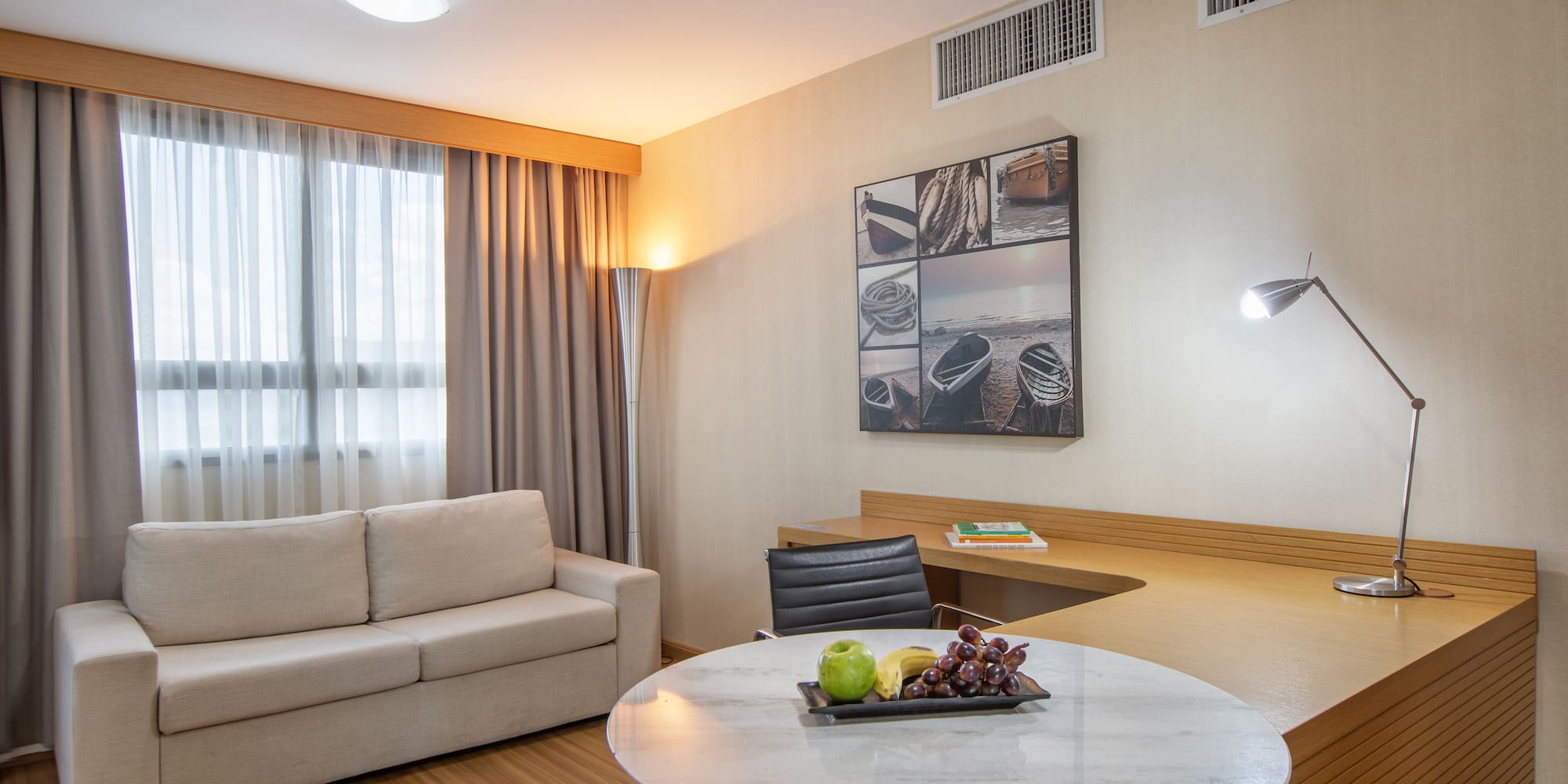 a room with a table and couch