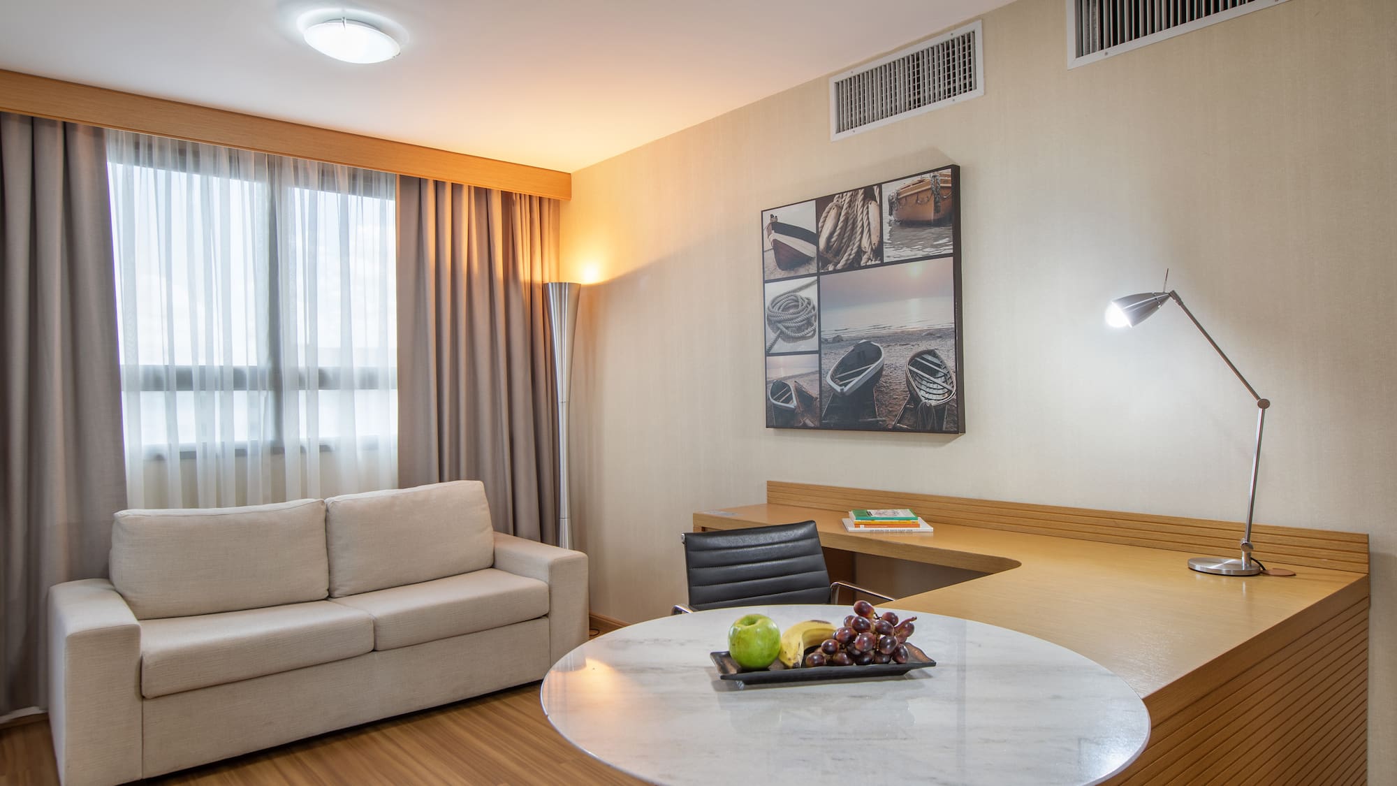 a room with a table and couch