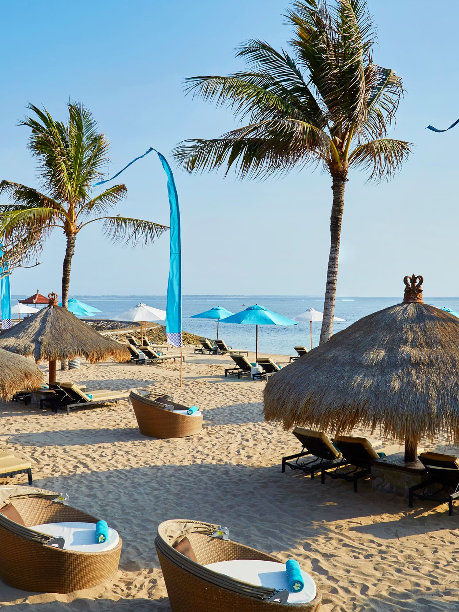 a beach with palm trees and chairs