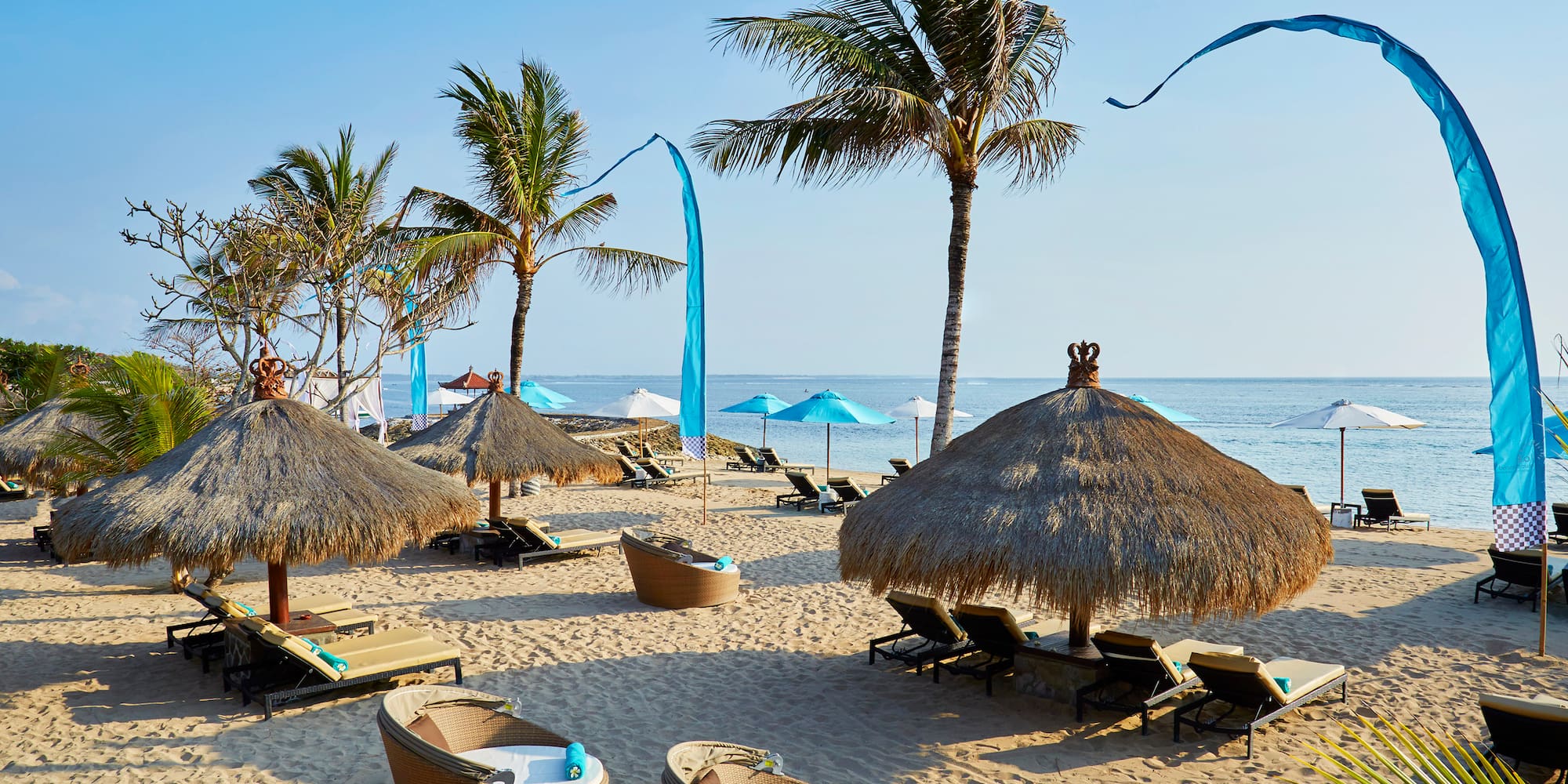 a beach with palm trees and chairs