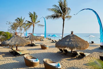 a beach with palm trees and chairs