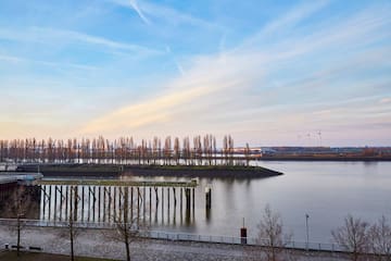 a body of water with trees and a bridge