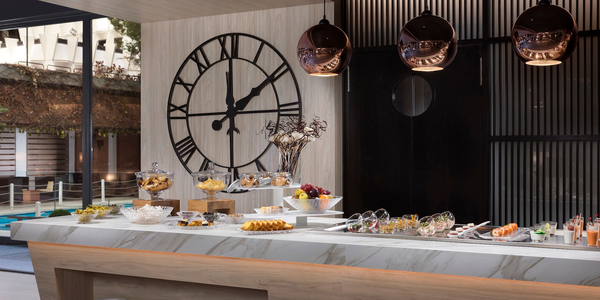 a buffet table with food on it