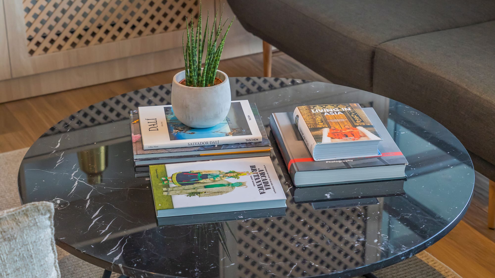 Stylish living room with black marble coffee table, plant, books, and gray sofa.