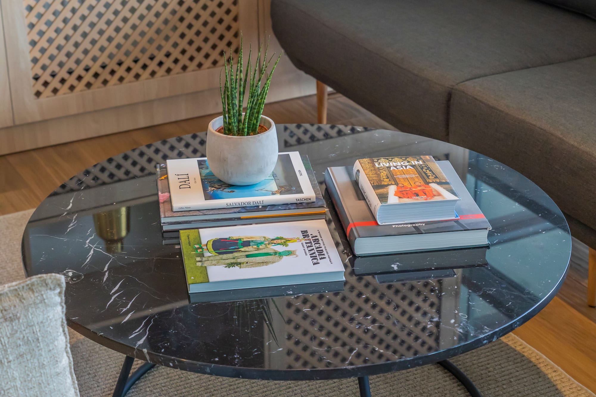 Stylish living room with black marble coffee table, plant, books, and gray sofa.