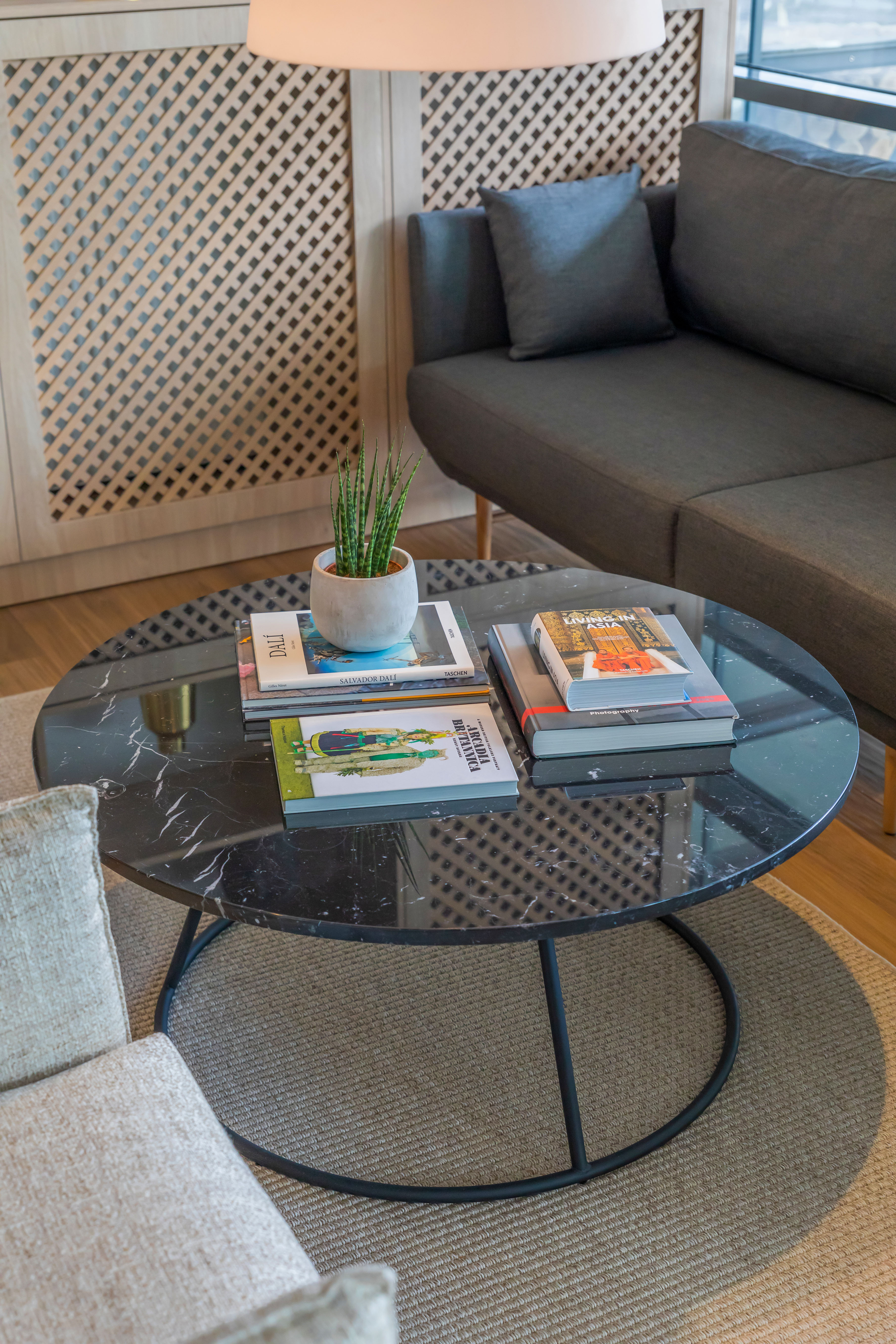 Stylish living room with black marble coffee table, plant, books, and gray sofa.