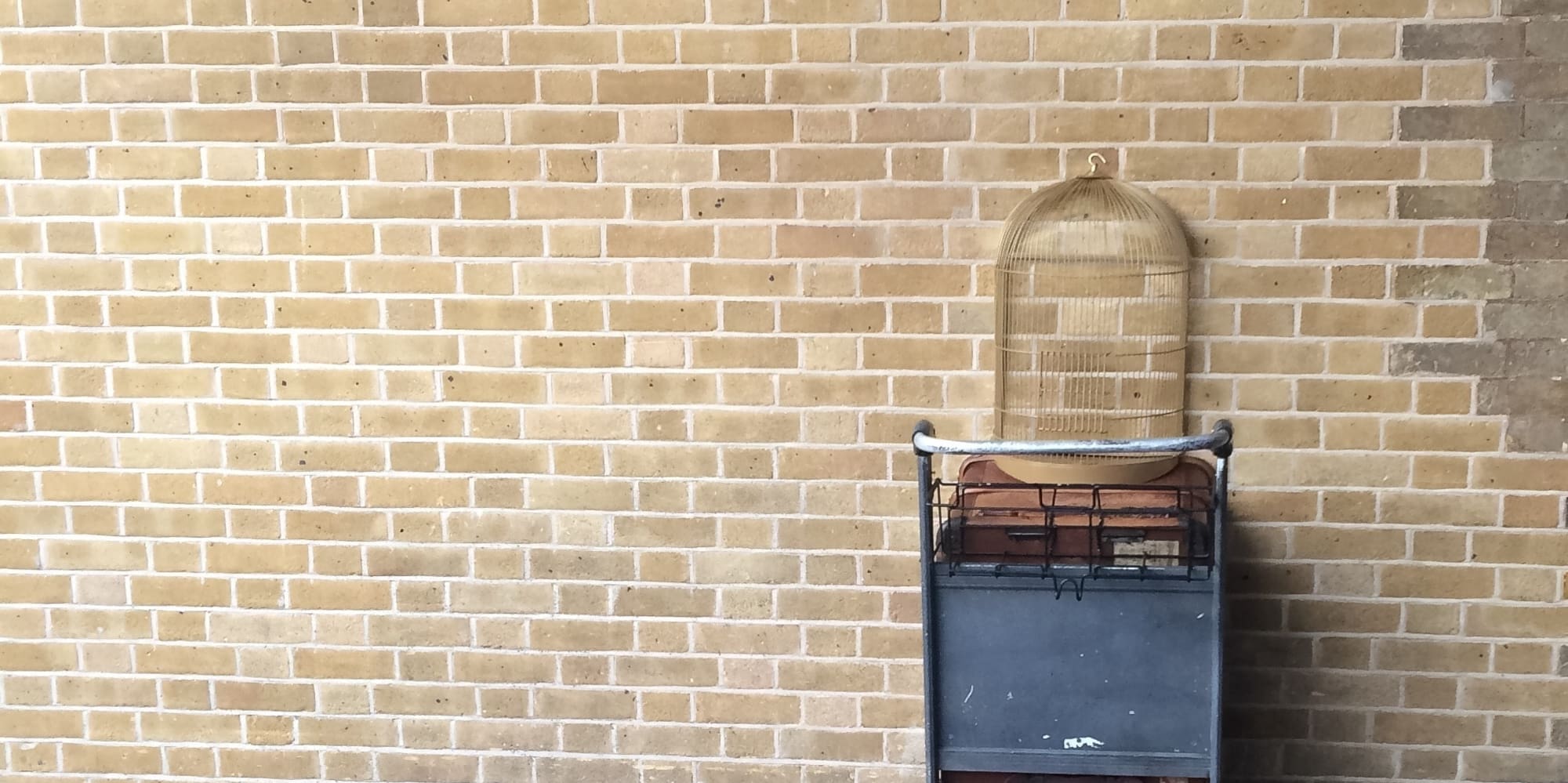 a cart with a bird cage on it leaning against a brick wall