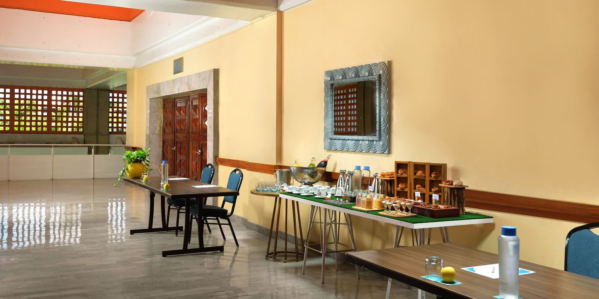 a room with tables and chairs