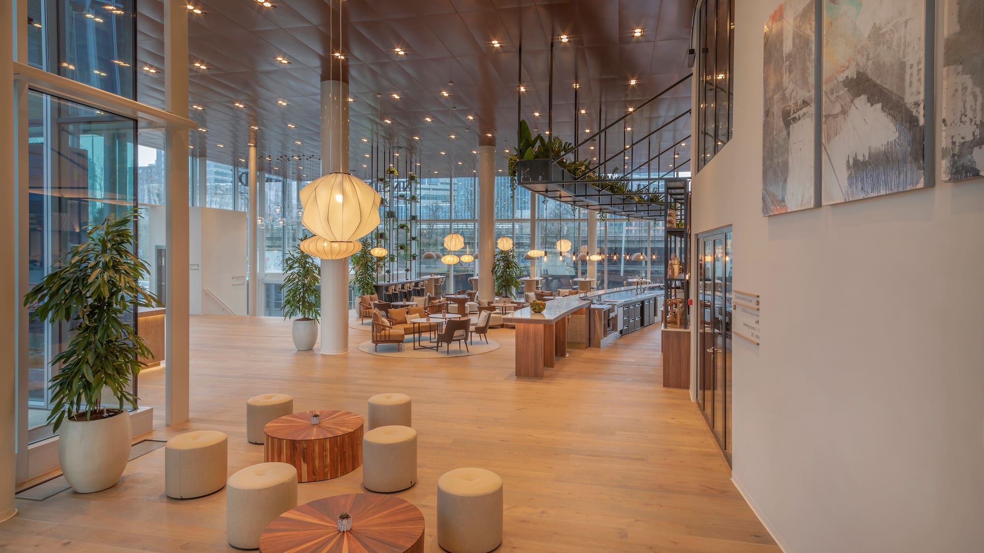 a large room with tables and chairs