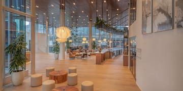 a large room with tables and chairs