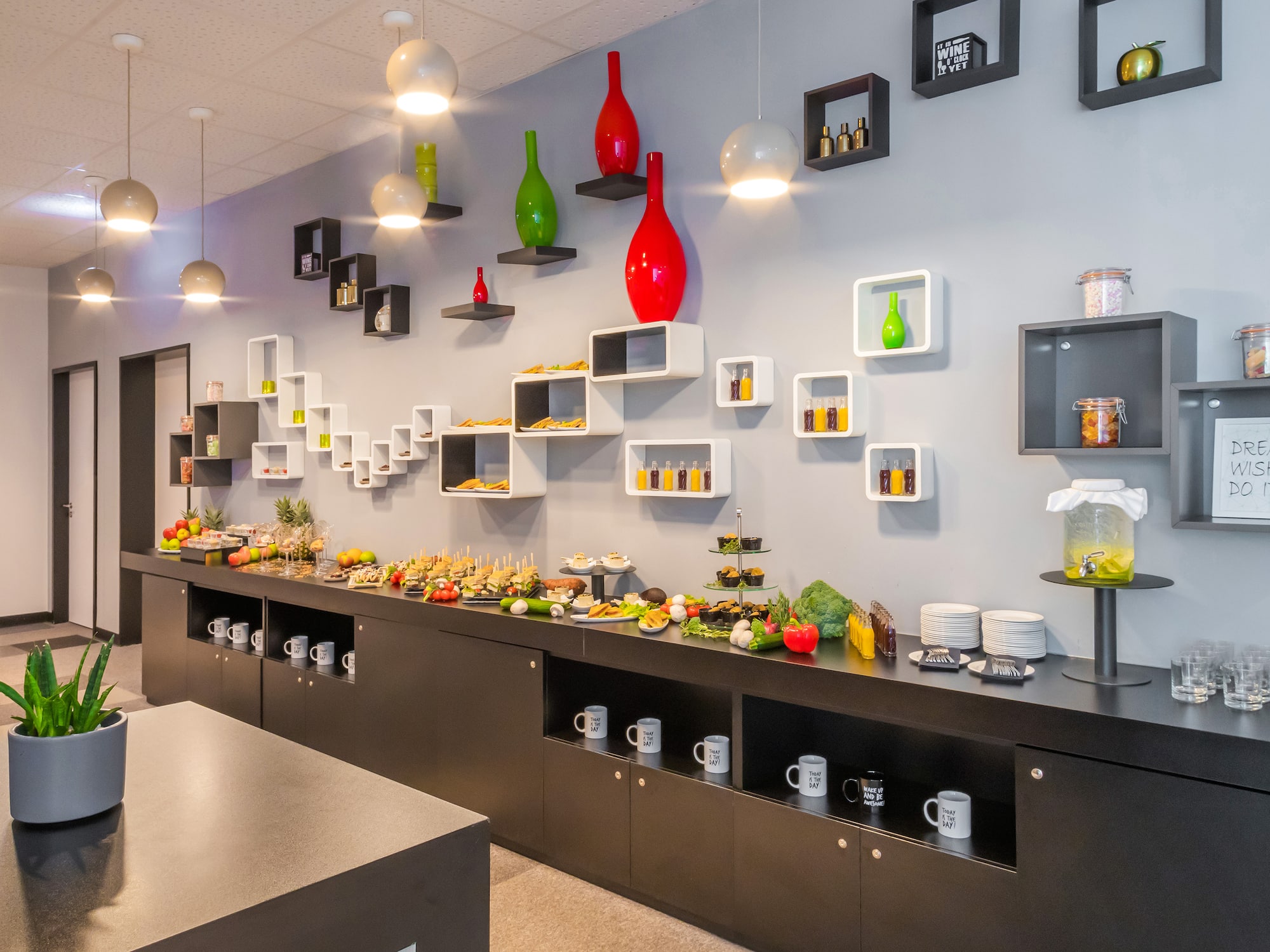 a buffet table with food on it