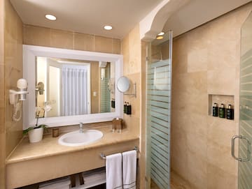 a bathroom with a mirror and a shower