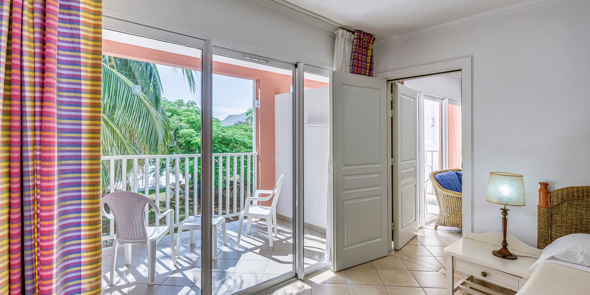 a room with a sliding glass door