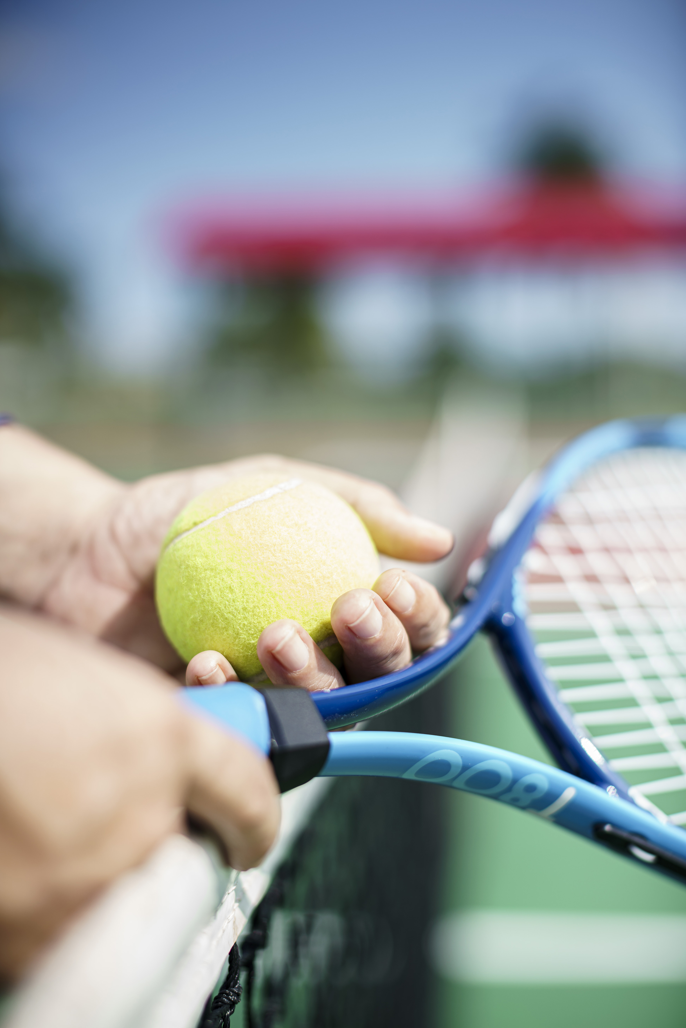 a person holding a tennis ball and racket