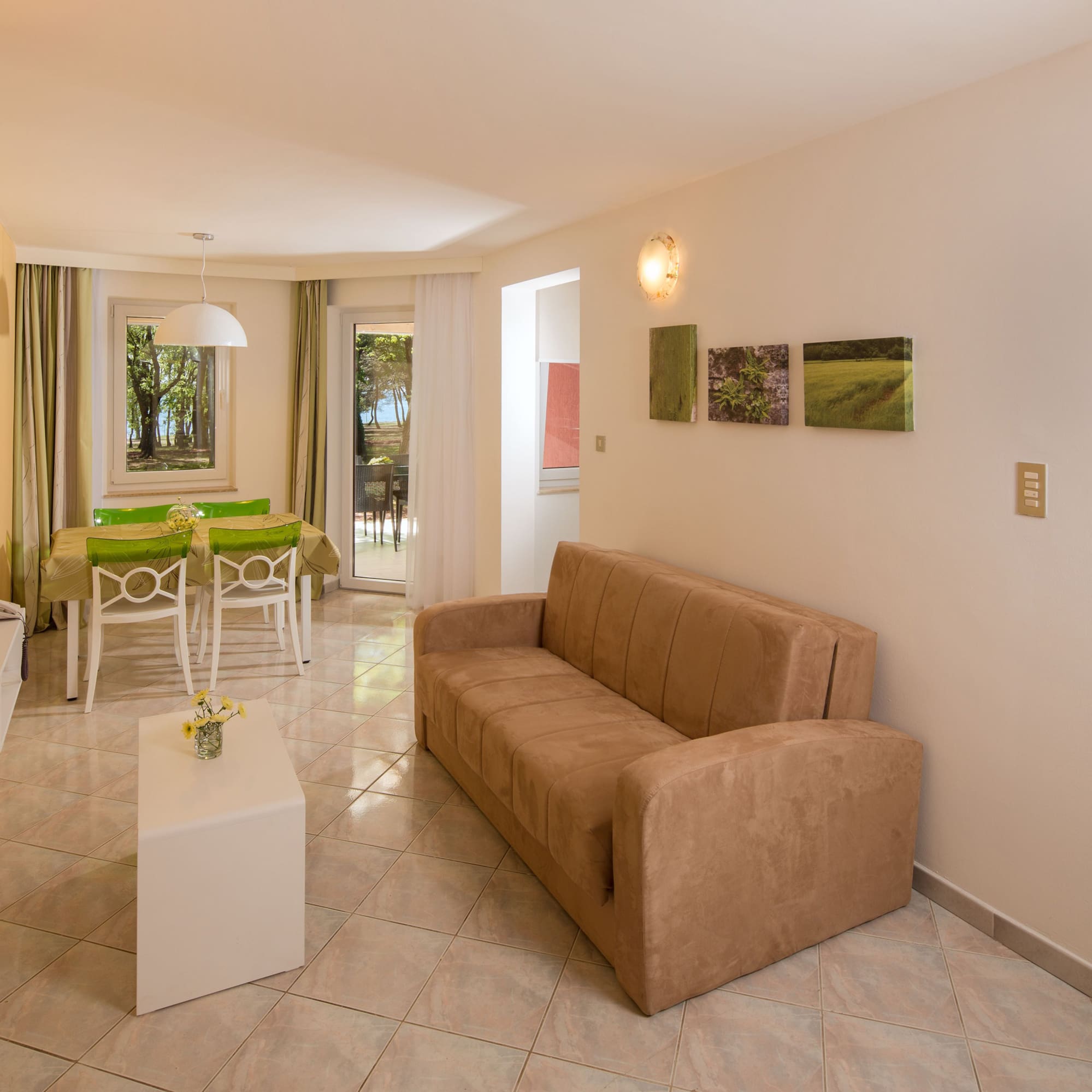 a living room with a couch and a table