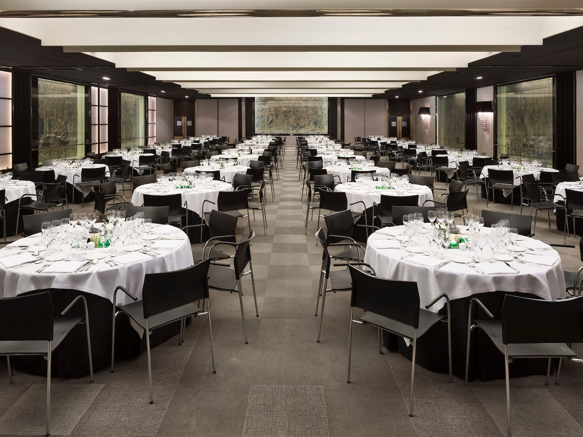 a room with tables and chairs