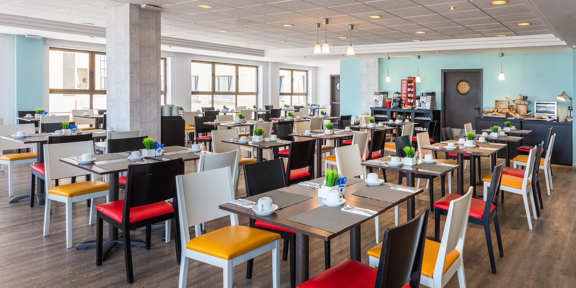 a room with tables and chairs