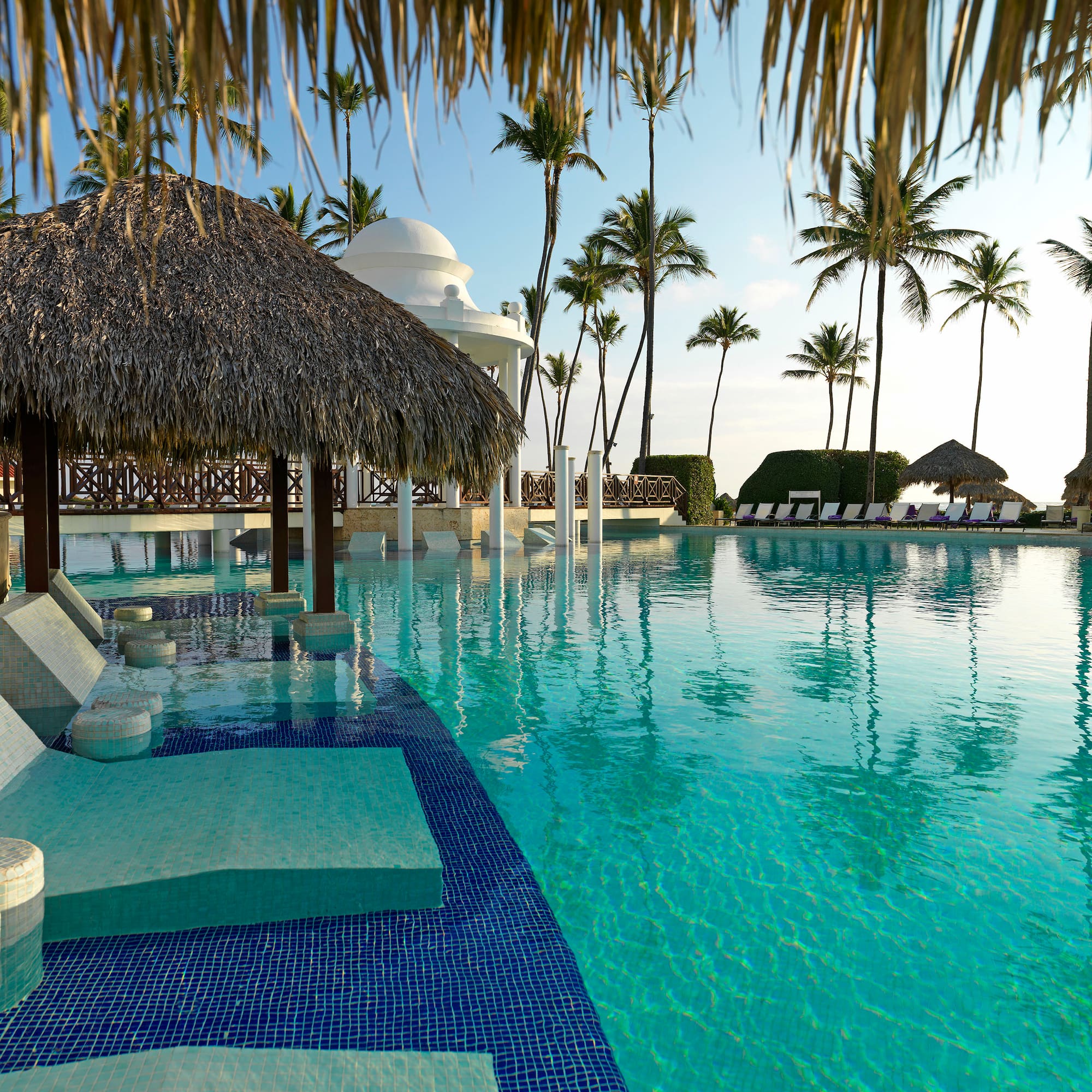 a pool with a thatched roof and palm trees