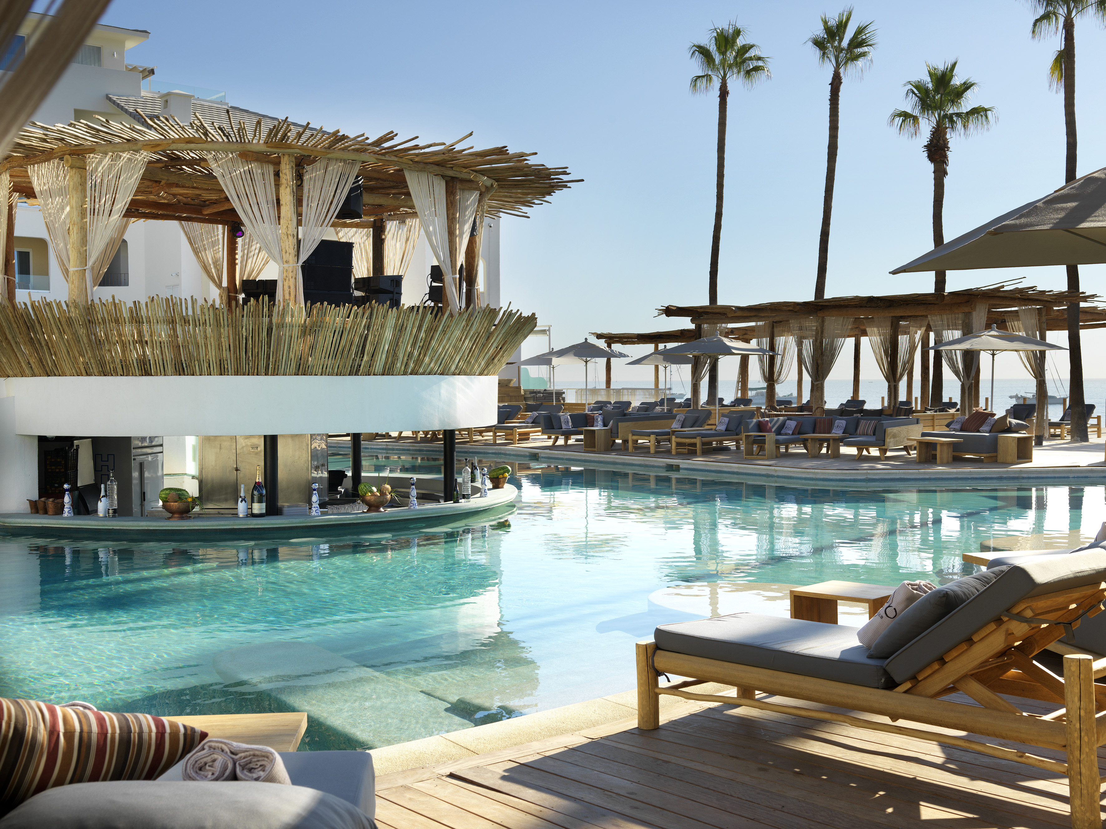 Resort pool with swim-up bar, thatched roof, palm trees, and sun loungers.