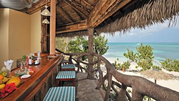 a bar with chairs and a thatched roof overlooking the ocean