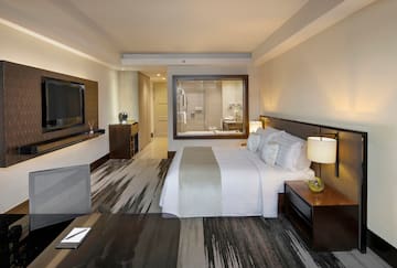 a room with a bed and a television