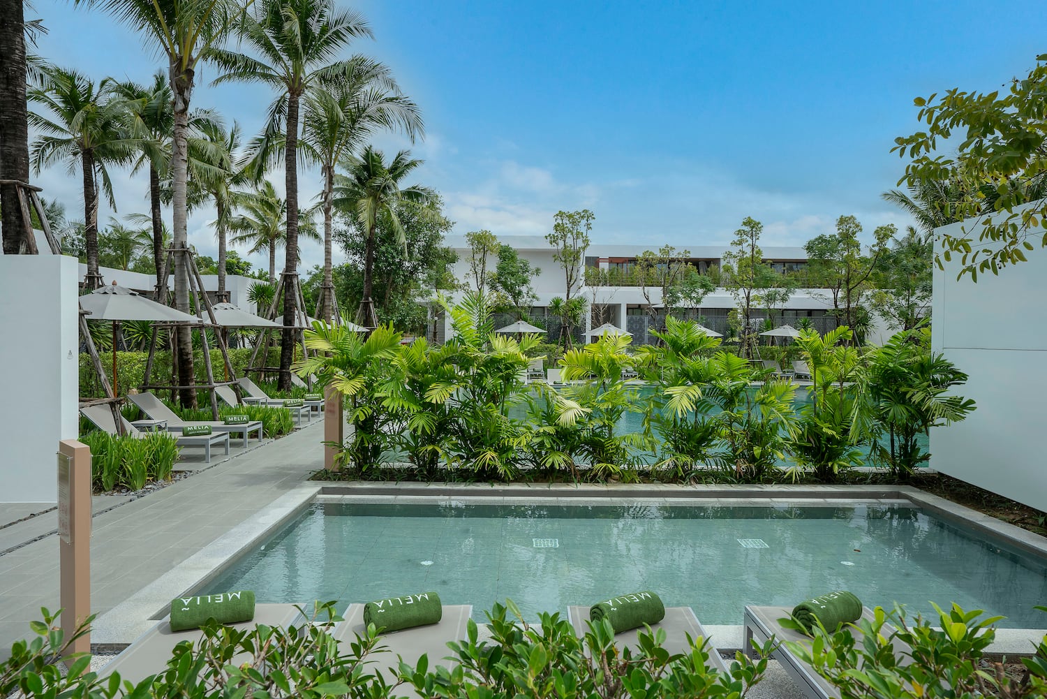 a pool with lounge chairs and palm trees
