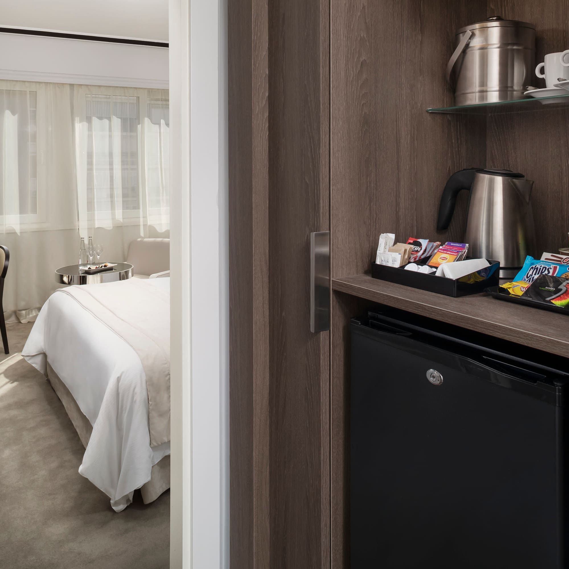 a small refrigerator in a room